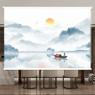 定制水墨卷帘窗帘办公室书房卧室背景意境山水画遮阳遮光手拉升降