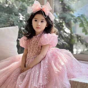 长纱裙重工网纱大裙摆连衣裙生日礼服 公主裙秋冬女童亮片泡泡袖