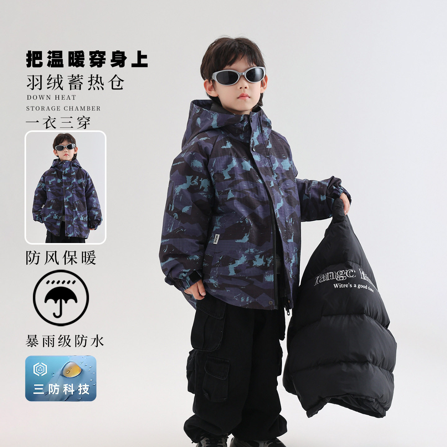 儿童羽绒服冬季加厚连帽外套男童冬款滑雪服2024新款三合一外套潮