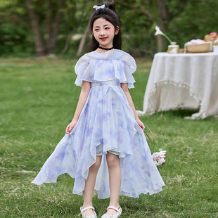 女童夏季 连衣裙2026新款 女孩拖尾公主风夏装 裙子 雪纺碎花洋气薄款
