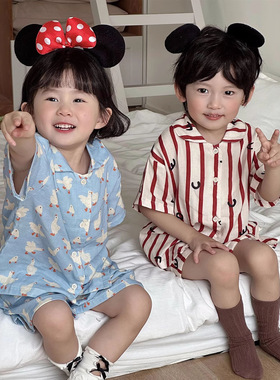 儿童夏季a类薄款翻领家居服大小卷heyhoney纱布亲子睡衣透气舒适