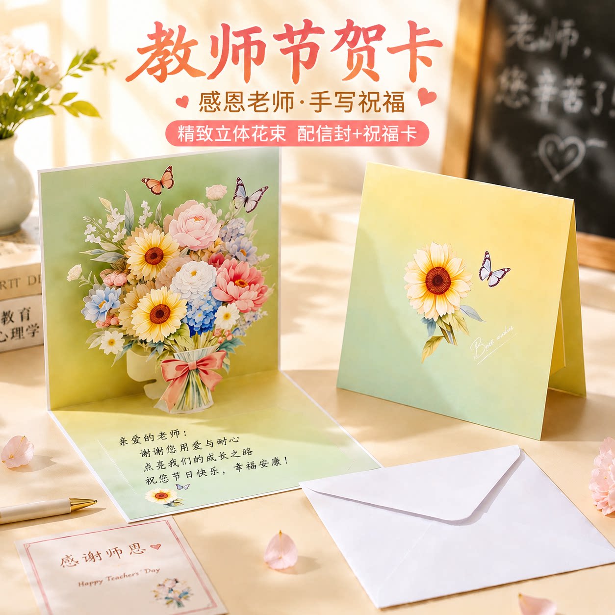 教师节立体贺卡2026新款高级感创意3d花束送老师节日礼物感恩卡片