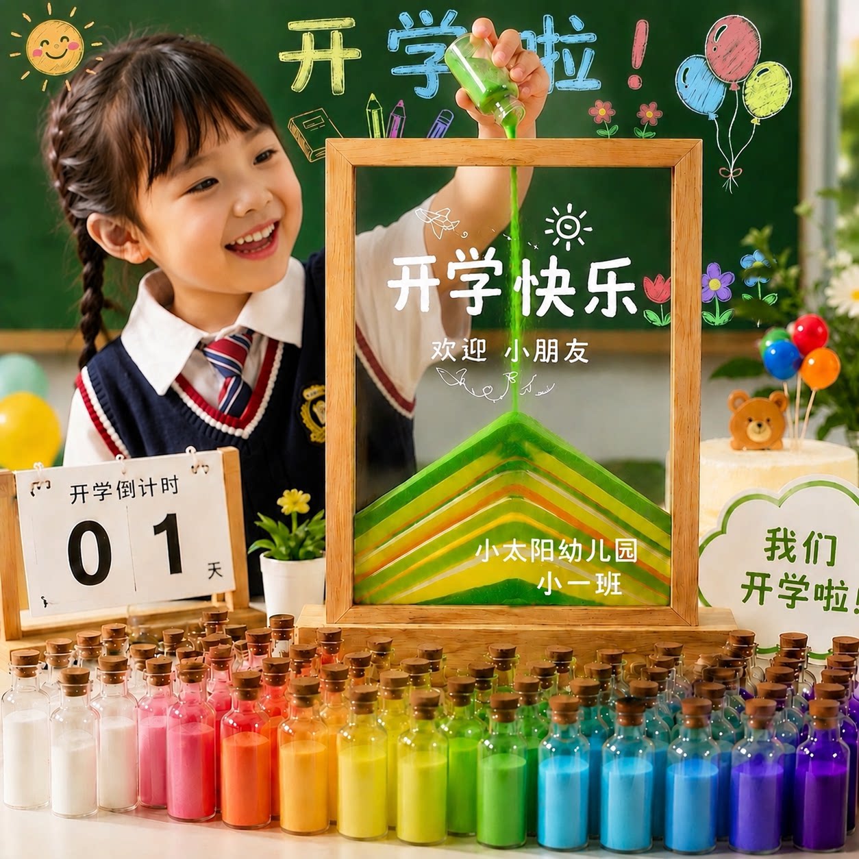 幼儿园开学仪式感氛围布置流沙画签到台沙漏相框摆件教室装饰场景