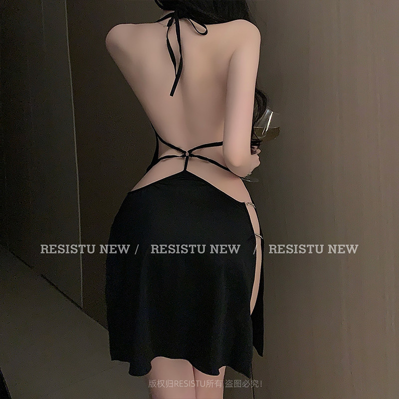 RESISTU2025春季夏红吊带裙性感睡衣女御姐风露背挂脖包臀短睡裙