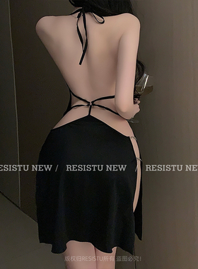 RESISTU2025春季夏红吊带裙性感睡衣女御姐风露背挂脖包臀短睡裙