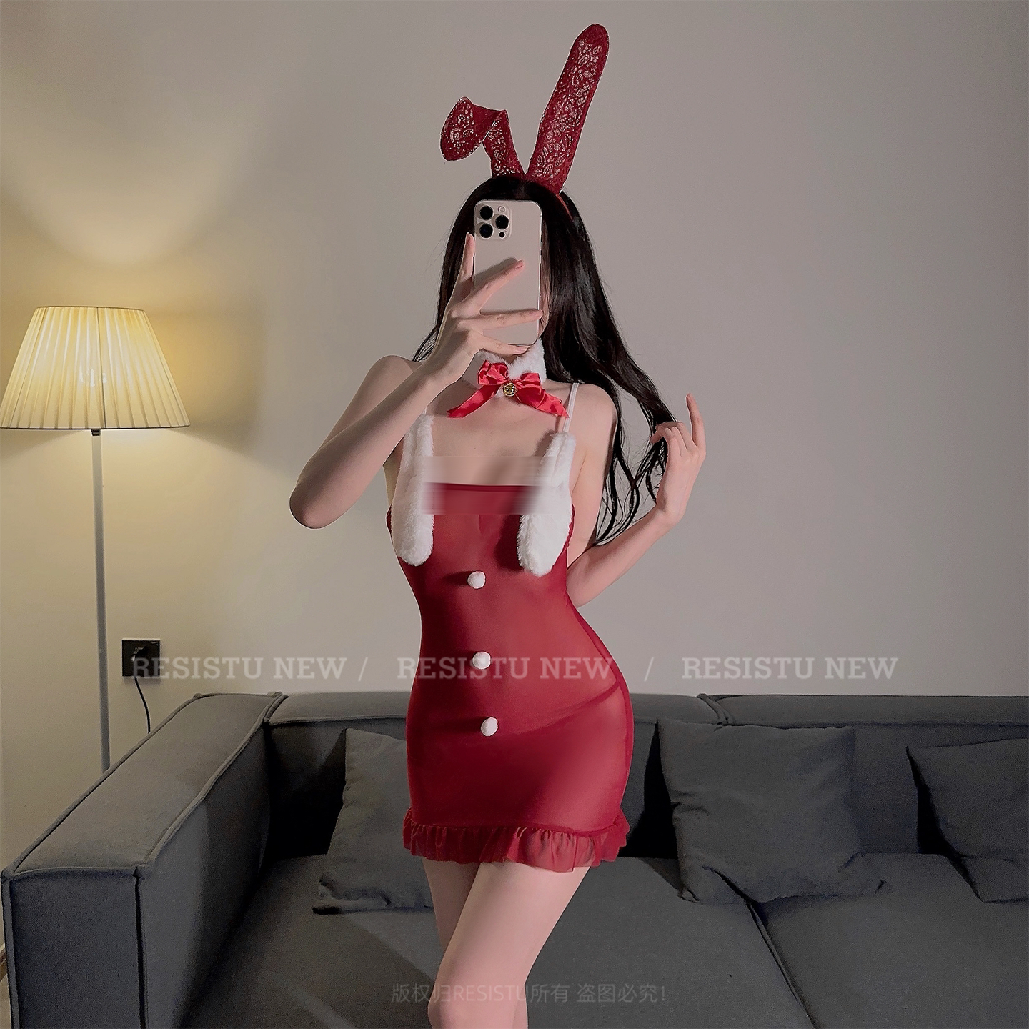 RESISTU脸红兔女士 红色兔女郎制服性感吊带睡裙荷叶边套装女春季