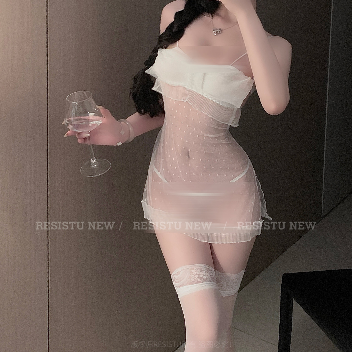 RESISTU奶油芙挞 可爱少女波点睡裙性感透视网纱纯欲风吊带睡裙女