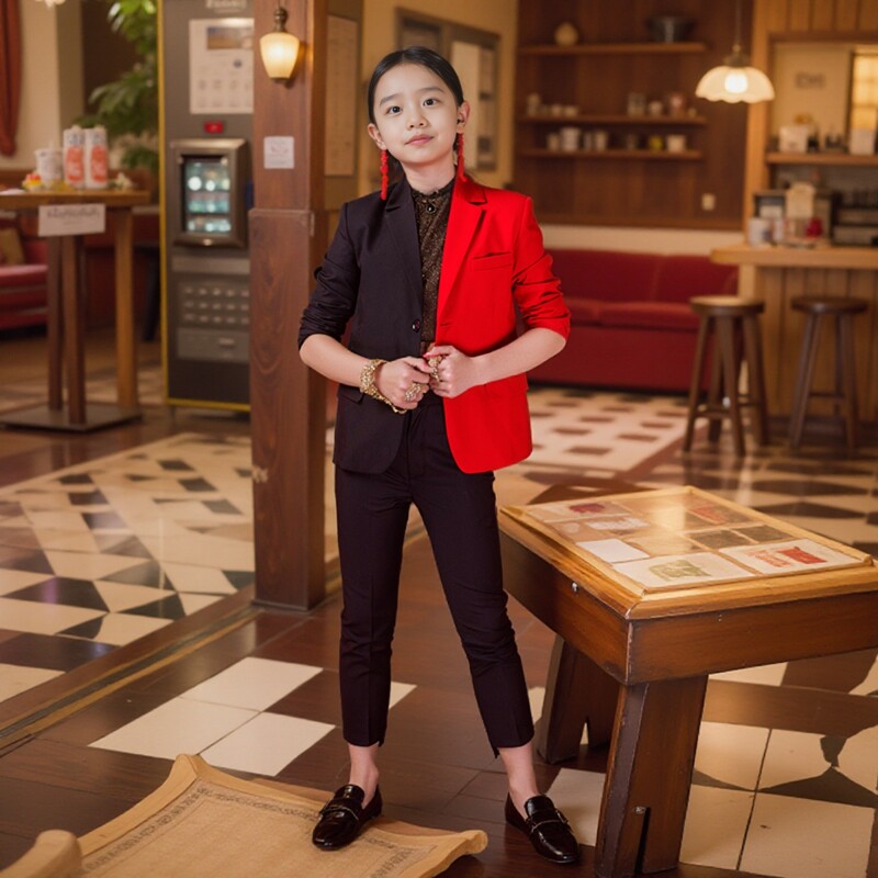 高端拼色t台开场秀模特儿童礼服