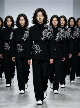 政宇轩新中式立领刺绣西服套装男黑色商务休闲宴会礼服走秀国风