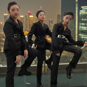 t台模特走秀黑羽毛西装团队演出服战队服礼服男女同款