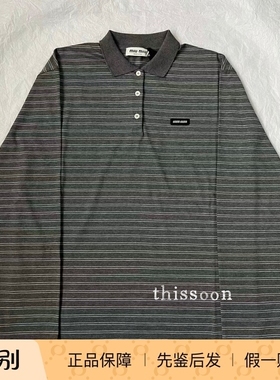 现货 MiuMiu 缪缪 新款灰色徽标logo条纹套头长袖卫衣 男女