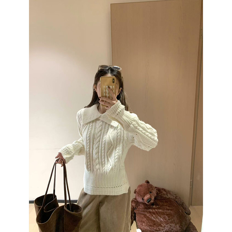 韩11学院风浅蓝色绞花翻领毛衣女冬韩系复古慵懒风减龄针织衫上衣