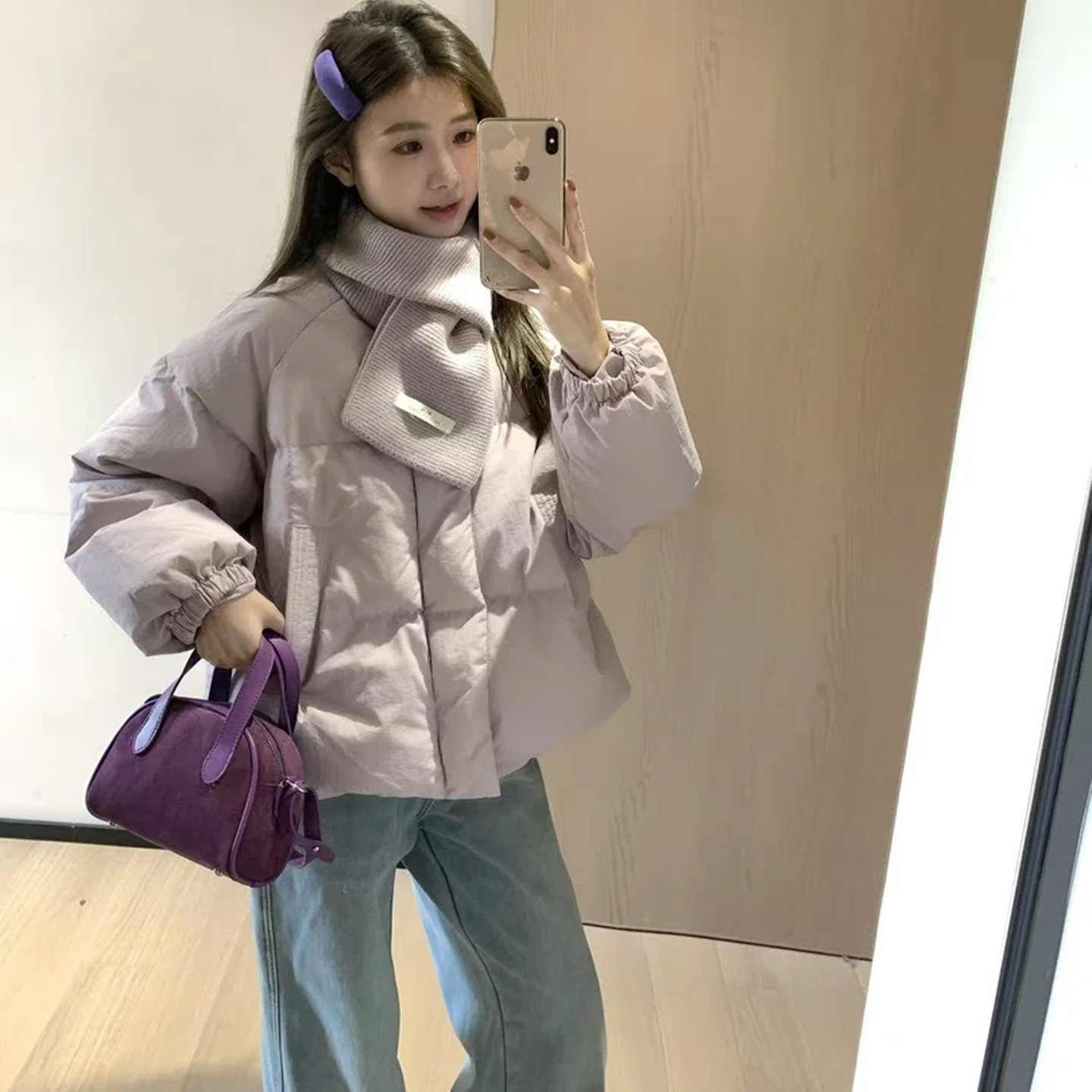 韩11韩系面包羽绒外套外搭同色系围巾女冬季中长款外套