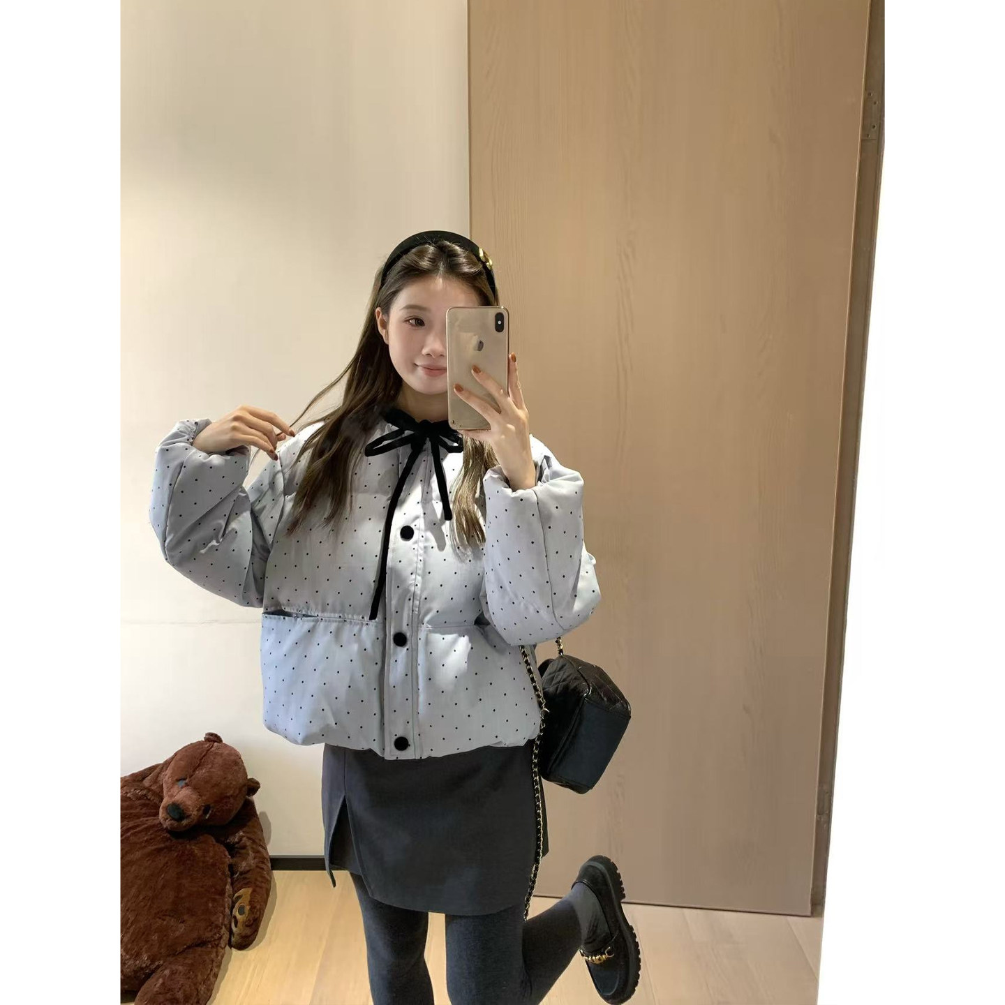 韩11韩系波点蝴蝶领结设计短款加厚面包棉服