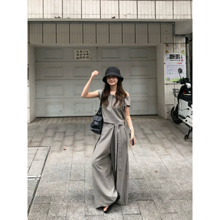 韩11夏季收缩可调节领口短款上衣搭配宽松阔腿裤慵懒感套装两件套