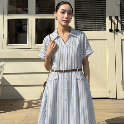 ELLE法式设计感条纹连衣裙