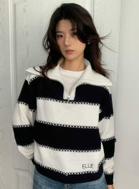 【cozy巴黎】ELLE大翻领条纹针织衫女宽松慵懒感2026春季新款毛衣