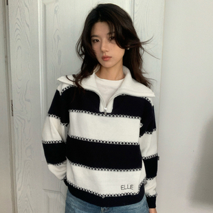 ELLE大翻领条纹针织衫女宽松慵懒感26春季新款撞色设计感休闲毛衣