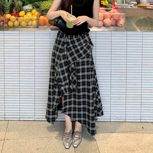 设计感超好看长裙子 时尚 ELLE不规则黑白格纹半身裙女2026春季 新款