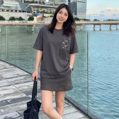 ELLE珠片流苏绣花设计感纯棉T恤