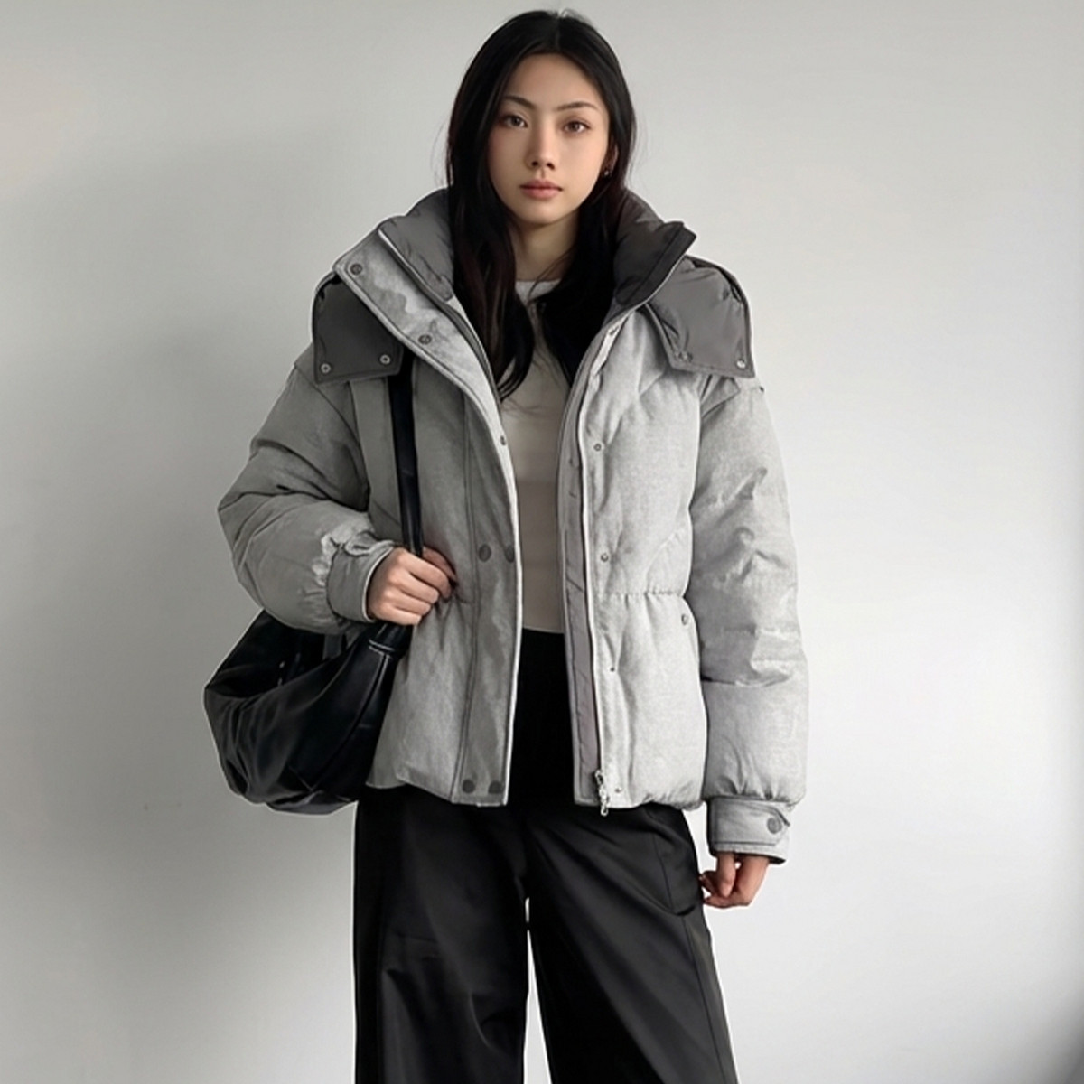 ELLE90白鸭绒灰色羽绒服女2025冬新款超好看连帽短款加厚保暖外套