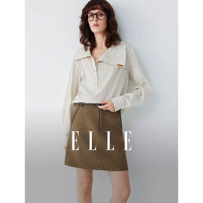 ELLE条纹肌理感不规则翻领衬衫