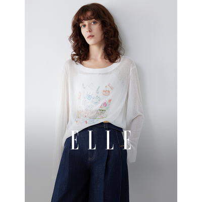 ELLE法式趣味印花薄款针织T恤