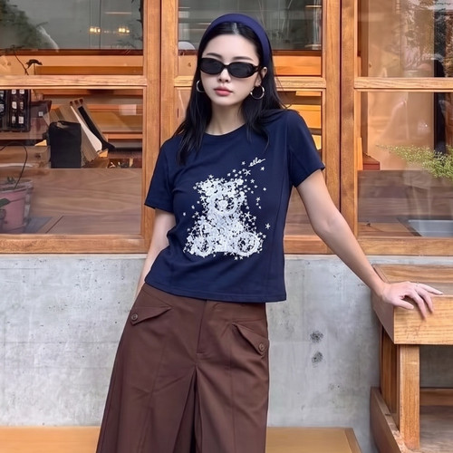 ELLE法式卡通刺绣圆领短袖女