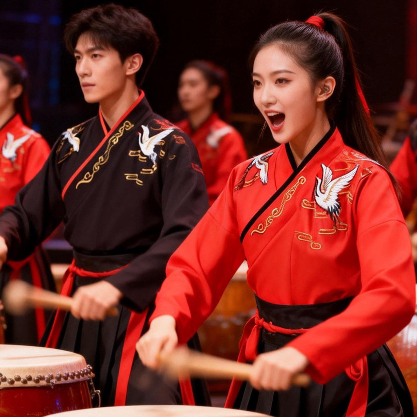 高档中国风打鼓服装专业喜庆打鼓服大鼓腰鼓红色开业男女表演演出