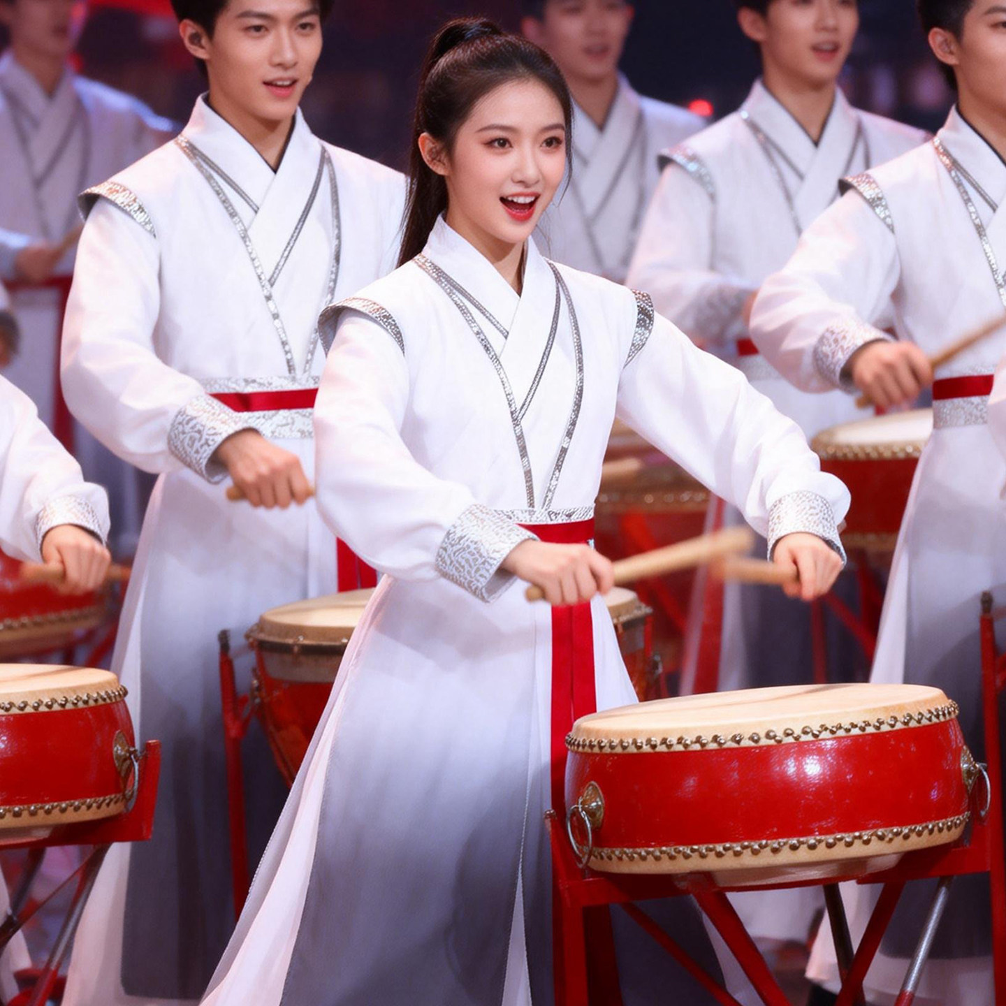 高档中国风打鼓服装专业喜庆打鼓服大鼓腰鼓白色开业男女表演演出