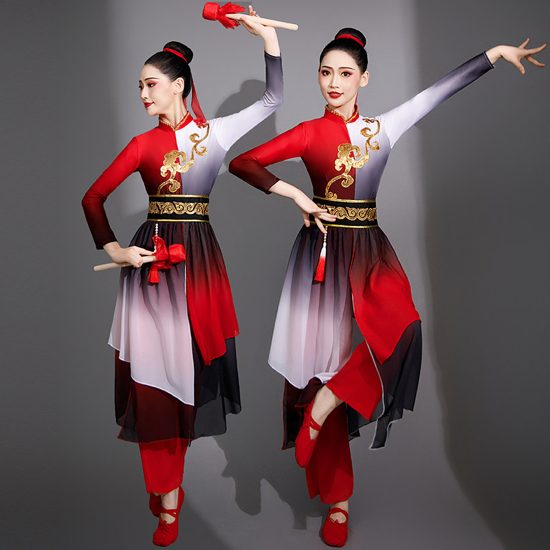 高档水墨古典舞蹈演出服女飘逸中国风独舞艺考腰鼓扇子舞打鼓表演