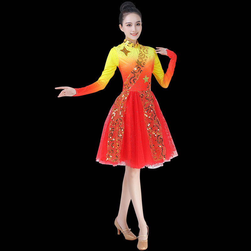 高档新款红歌大合唱演出服女祖国颂开场舞服装红色中国风朗诵表演