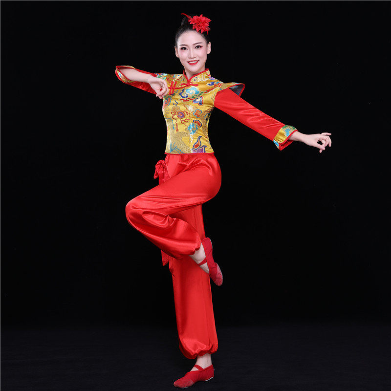 高档新款古典打鼓服红色灯笼裤秧歌服中国风喜庆腰鼓服民族扇子广