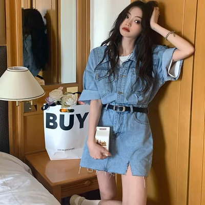 2025春夏季牛仔收腰显瘦短袖连衣裙工装港味气质复古chic休闲裙子