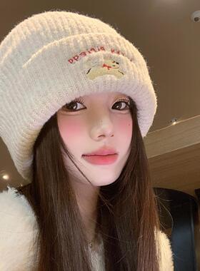 可爱小狗刺绣针织帽女2025年秋冬季毛线帽显脸小大头围冷帽子白色