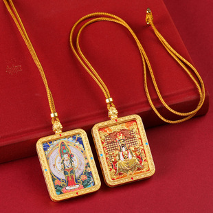 藏式半手绘唐卡项链双面唐卡吊坠一面描金画心药师佛摩力支天绿度