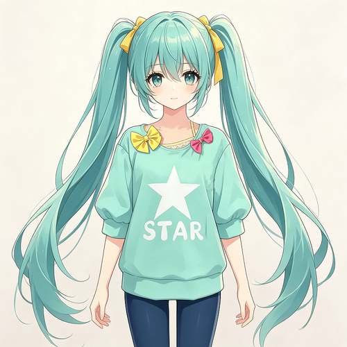 二次元少女绿发双马尾星星卫衣