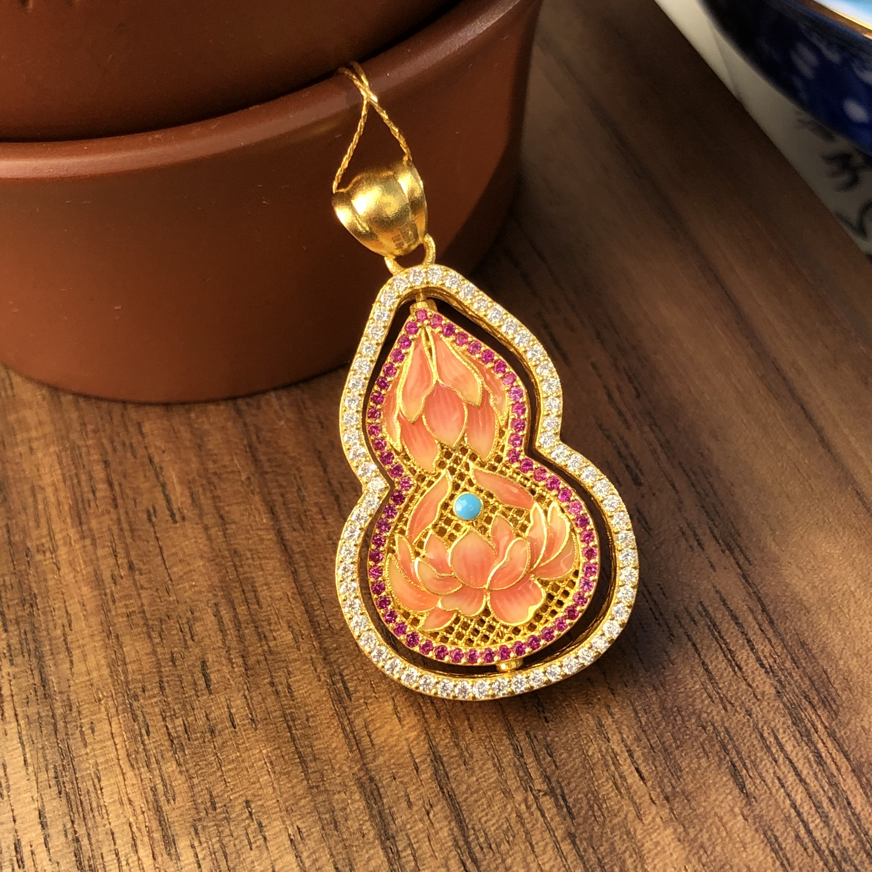 黄金足金999莲花廷珐琅葫芦吊坠