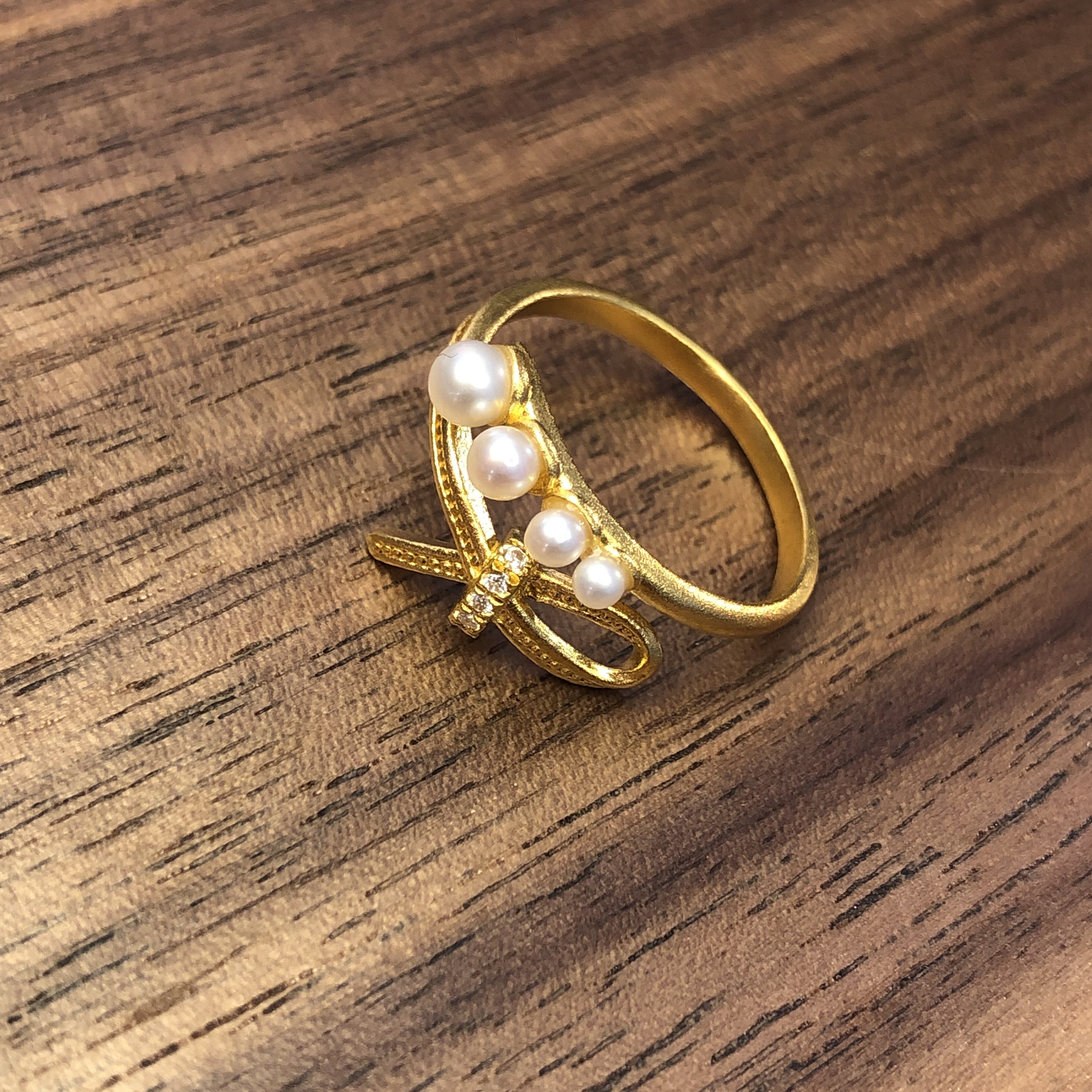 黄金足金999古法点钻镶嵌珍珠蝴蝶结戒指