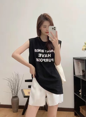 美式复古简约印花字母运动bf风韩版外穿宽松休闲无袖背心T恤女夏