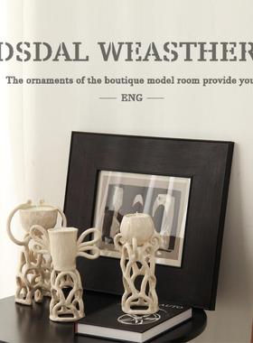 八度空间侘寂风样板间售楼处茶室书桌书床头柜吧台茶几烛台茶具