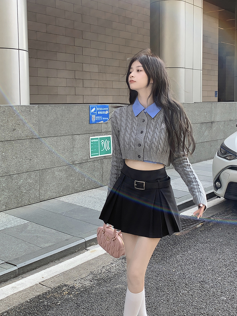 甜辣套装裙三件套美式复古学院风毛衣包臀短裙酷辣妹露脐装女秋装