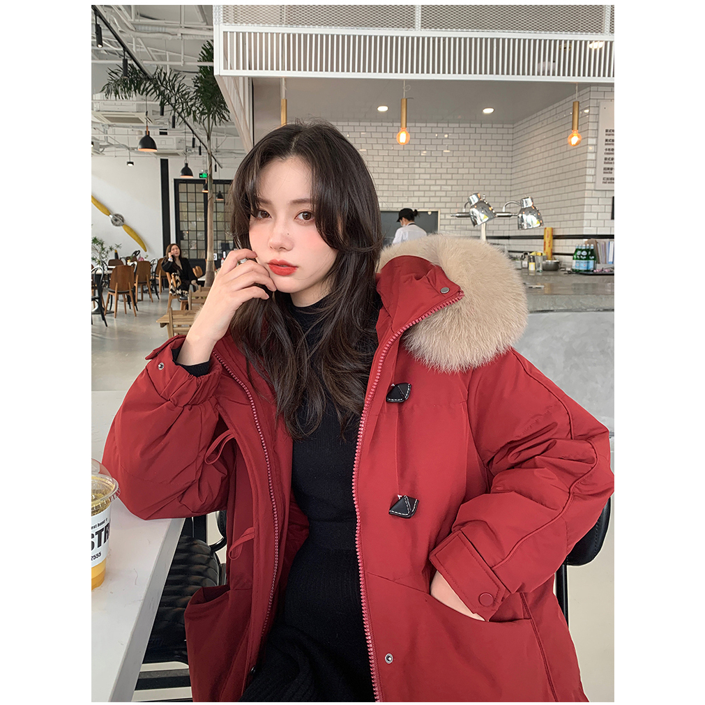 韩版大毛领羽绒服女装中长款冬季新款过膝棉服外套oversize棉衣潮
