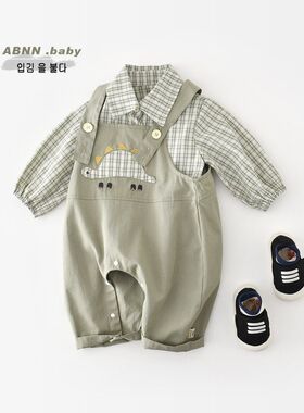 格子衬衫宝宝63588秋装长裤背带裤套装男童恐龙婴幼儿卡通新款