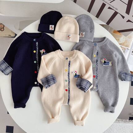 针织+连体衣哈衣乐宾家】二件套帽子装潮款秋冬爬服毛线腊肠狗【