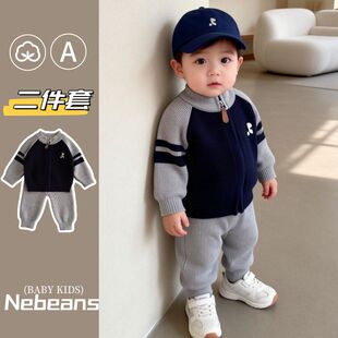套装服藏蓝色男宝春天新品棒球针织婴幼儿衣服毛线衣二件套运动风