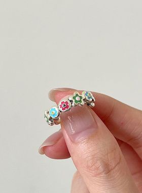 开口纯银滴油秋冬珐琅设计ins指环小花戒指女新泫雅小众J0355L925