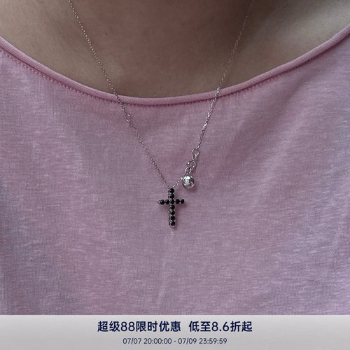 PAUSA ANN s925 秋冬复古黑色满钻十字架中性感百搭项链