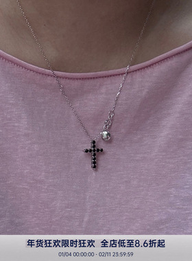 PAUSA ANN s925 秋冬复古黑色满钻十字架中性感百搭项链