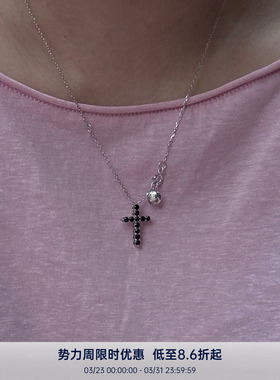 PAUSA ANN s925 秋冬复古黑色满钻十字架中性感百搭项链